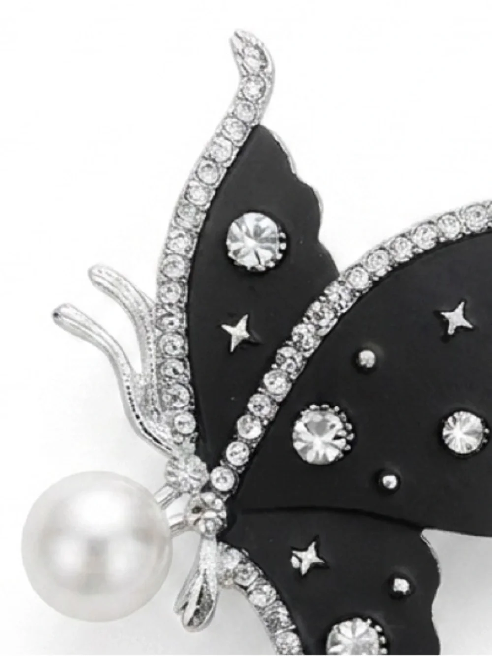 Stunning Black Butterfly Brooch with Pearl and Clear Crystals